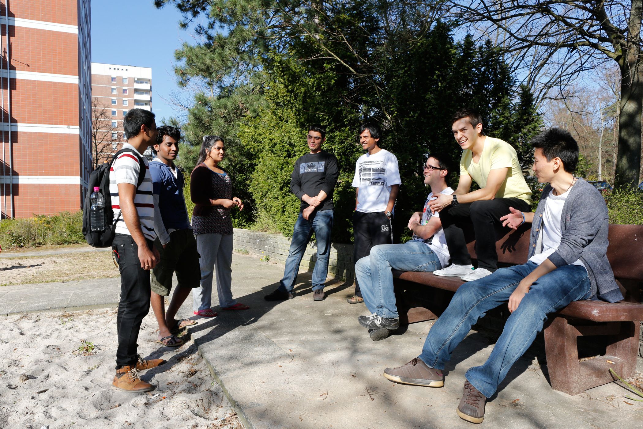 Students in front of the residence hall