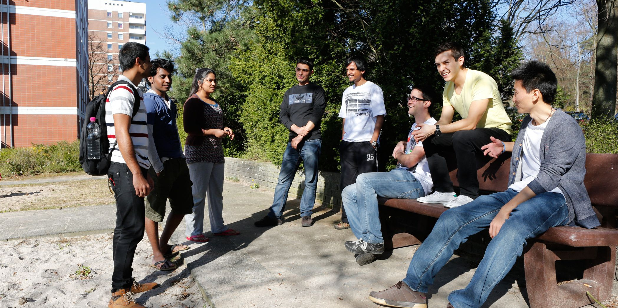 Students in front of the residence hall